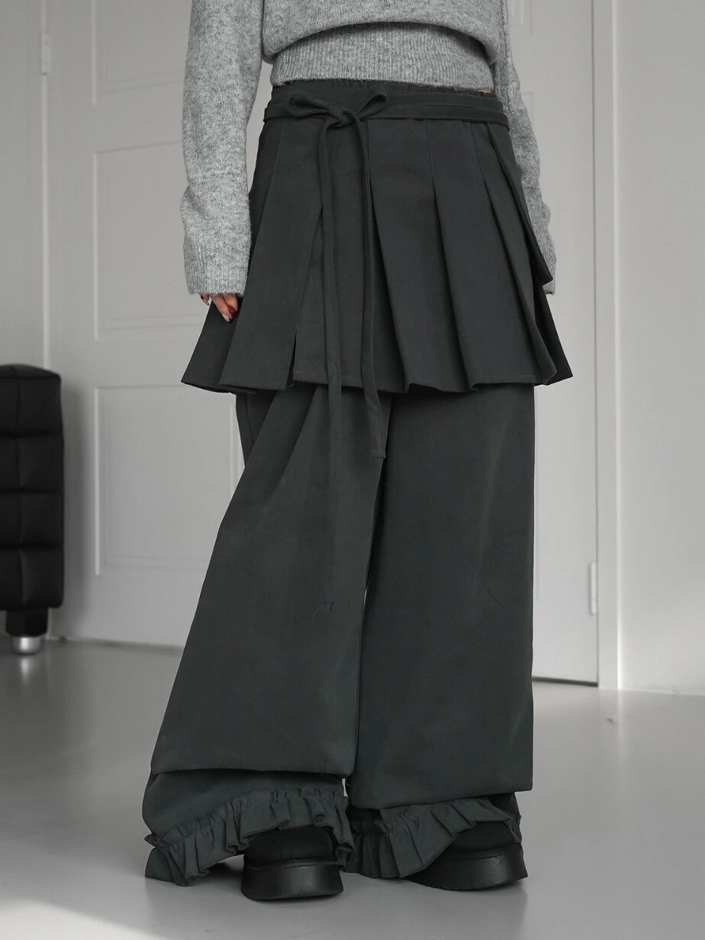 Chic Autumnal High-Waisted Wide-Leg Pants with Detachable Skirt Hem And Lace-Bordered Casual Trousers for Women Trendsetting ...