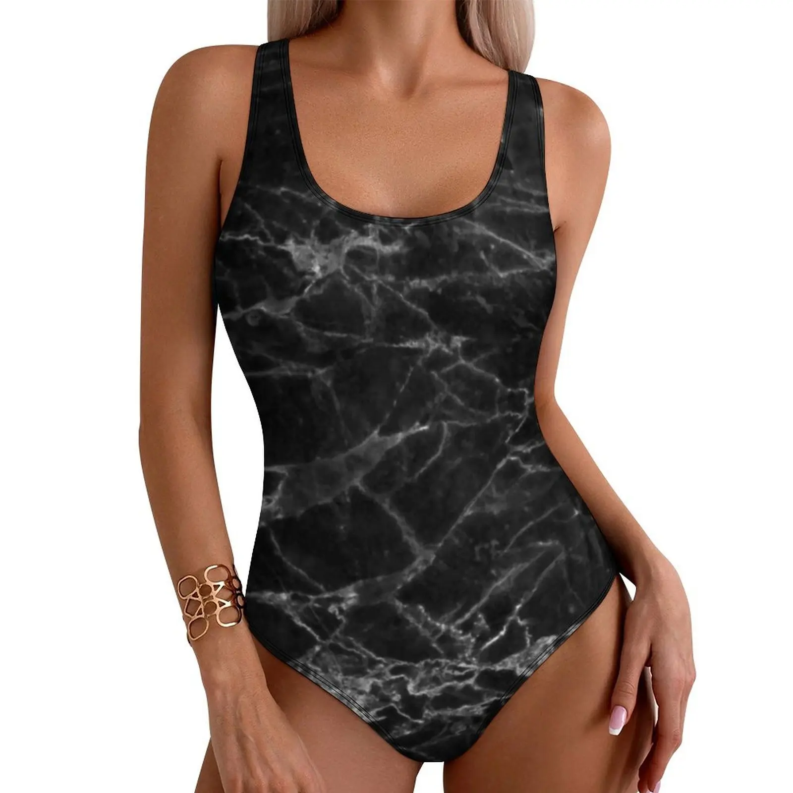 Black Marble Design Swimsuit Natural Marbles Trendy One Piece Swimwear Push Up Monokini Sexy Holiday Rave Graphic Bodysuit