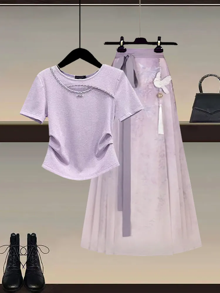 

Summer Purple Dopaamine Short Sleeve Top Slimming Chinese Style High Waist Skirt Two Piece Set Beautiful And Youthful Fashion