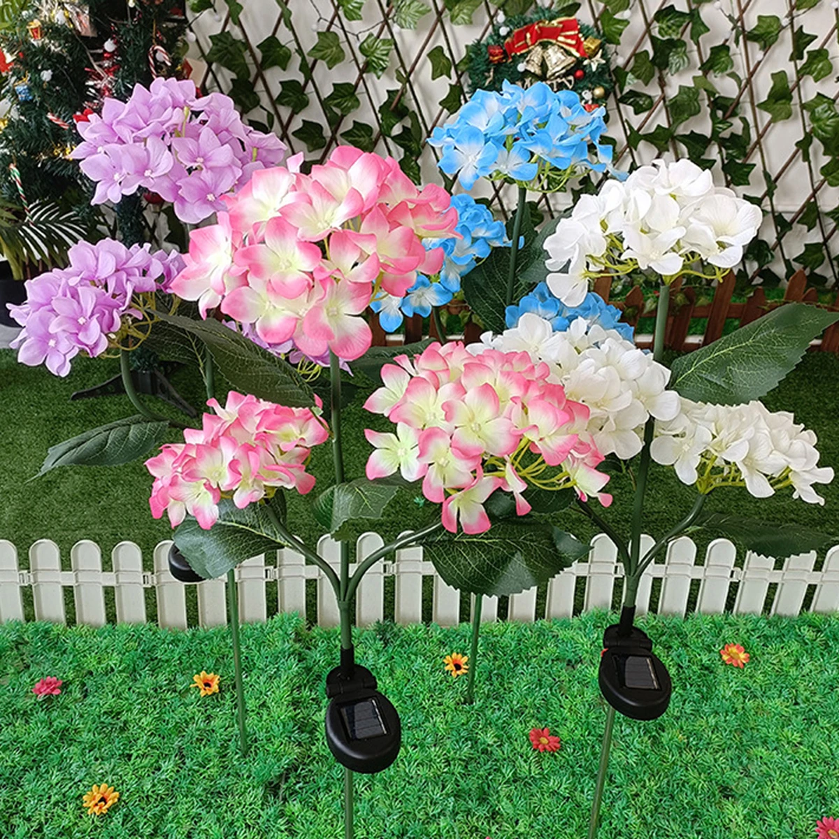 Solar LED Lights Hydrangea Lawn Lamp Pink Blue Purple White Flower Lantern For House Courtyard Garden Decoration Cold Light