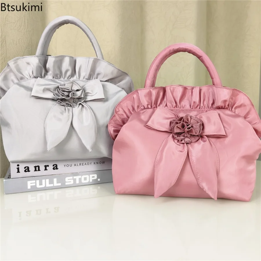 New 2026 Women's Casual Flower Bowknot Tote Bag Soft Portable Ladies Handbag Zipper Floral Decor Sweet Lolita Handbags and Purse