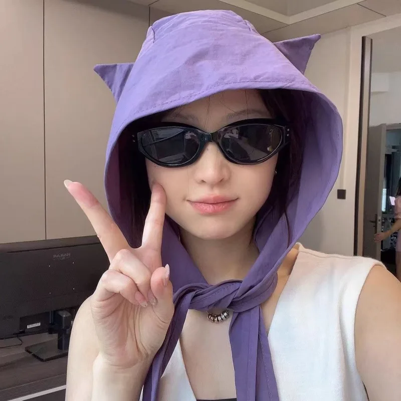 New Little Devil Strap Cat's ears (Steamed cat-ear shaped bread) Sunshade Sunscreen Cap Quick Drying Hat Fashionable Small Face