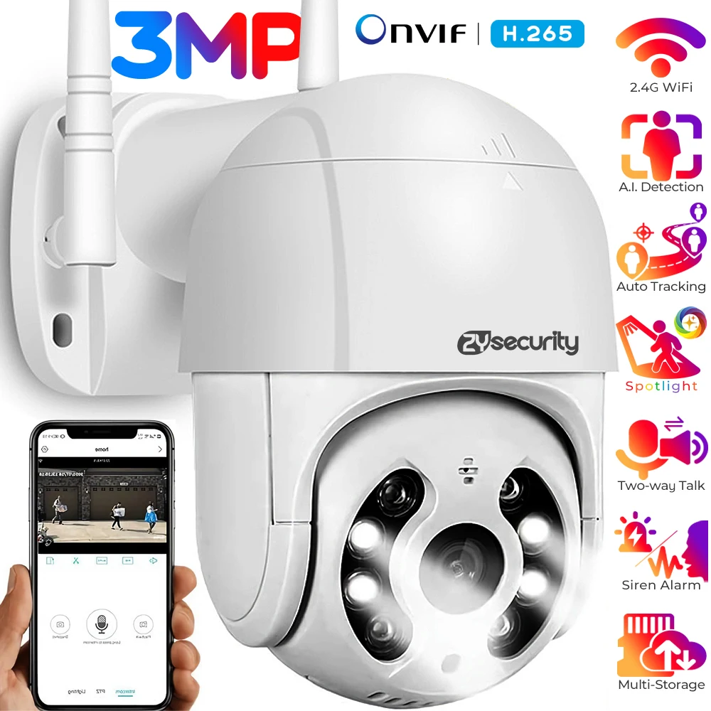 3MP WiFi Security Camera Outdoor PTZ Auto Tracking Security Cameras Color Night Vision 2-way Talk Dome Surveillance Camera iCSee