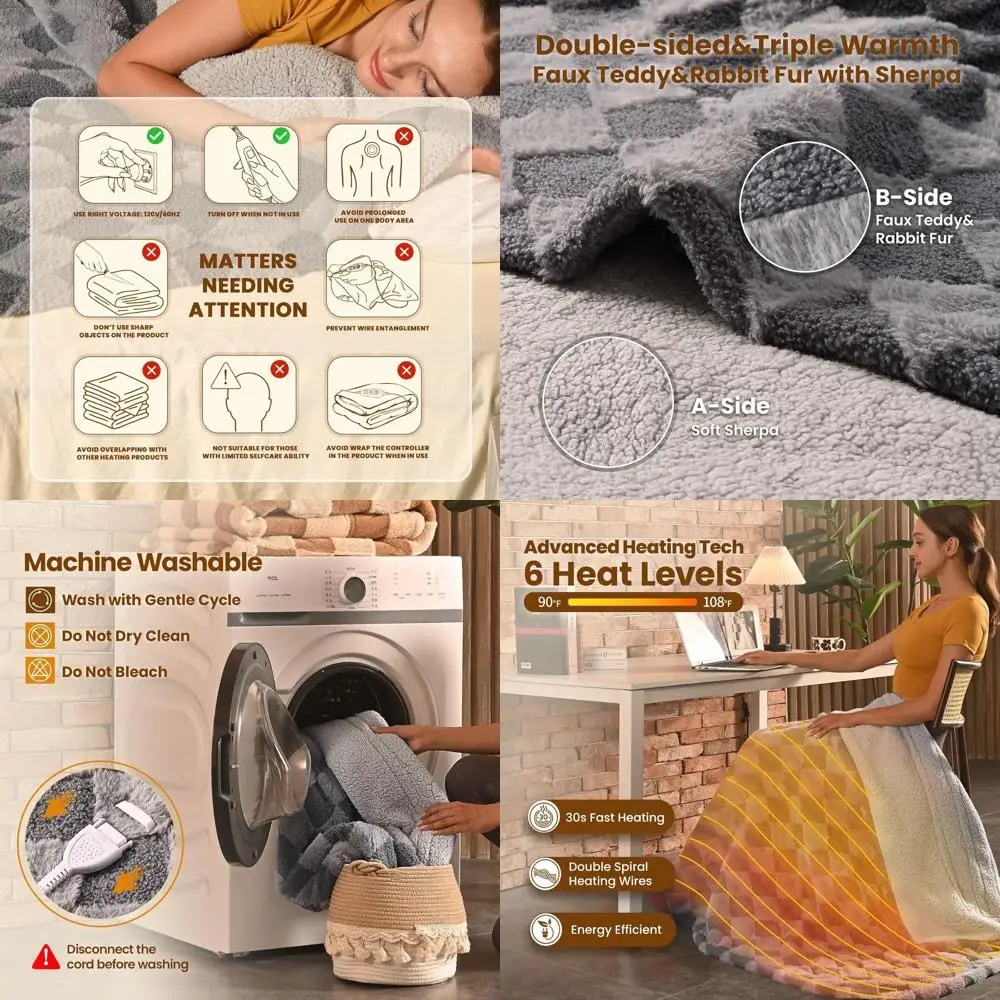 

50x60 Gray Teddy Faux Fur Sherpa Electric Throw Blanket with 4-Hour Auto-Off & 6 Heat Settings, Reversible, ETL Certified, Machi