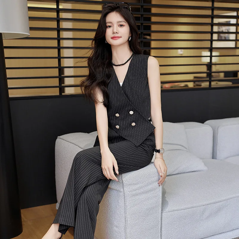 Summer Women Solid Slim Korean Elegant Business Wear Irregular V Neck Blazer And Wide Leg Long Pant Two-piece Set Fashion Retro