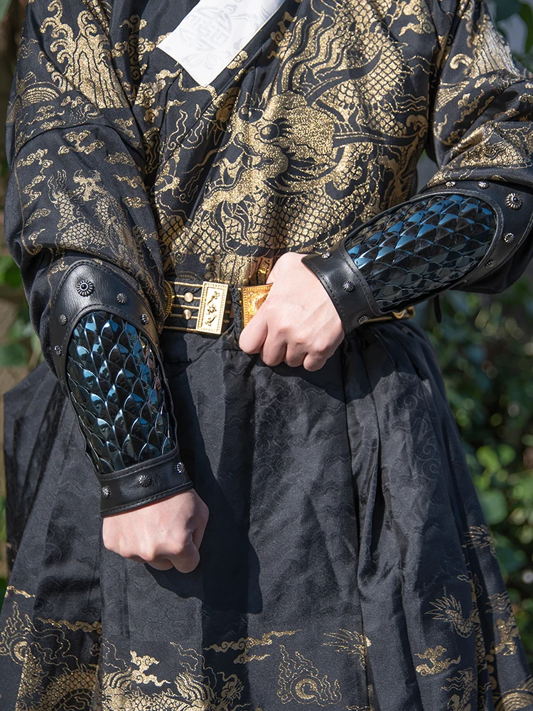 Hanfu protetor de pulso preto dragão escala armadura antigo traje brocado guarda braço