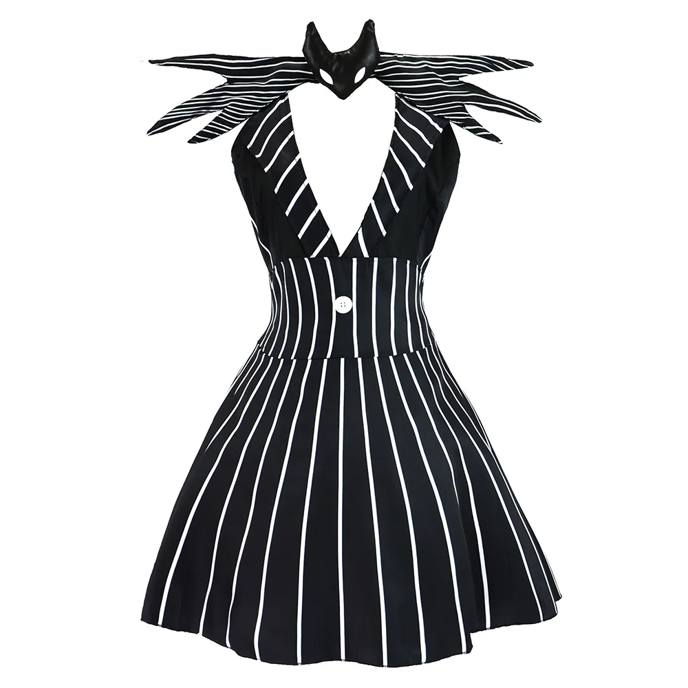 كابوس تأثيري قبل عيد الميلاد جاك فستان مخطط أسود ربطة القوس فيونكة ملابس هالوين تمويه زي كرنفال فستان الحفلات