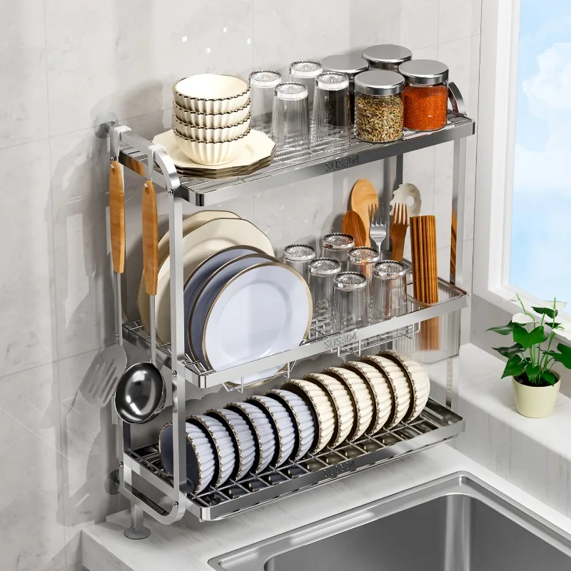 

304 Stainless Steel Dish Rack Over Sink Narrow Drainer Shelf Wall Mounted Plate Storage Stand Space Saving Kitchen Organizer