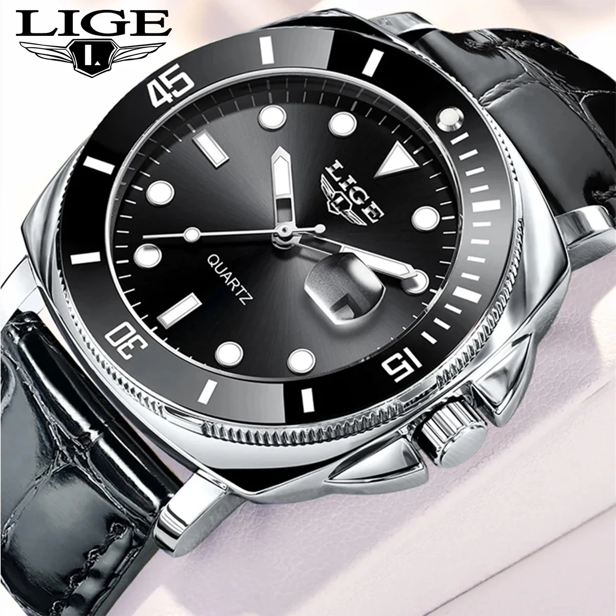 

LIGE Men's Military Watch Fashion Sports Men Quartz Business Wristwatch Original Brand Luxury Leather Waterproof Watches for Men