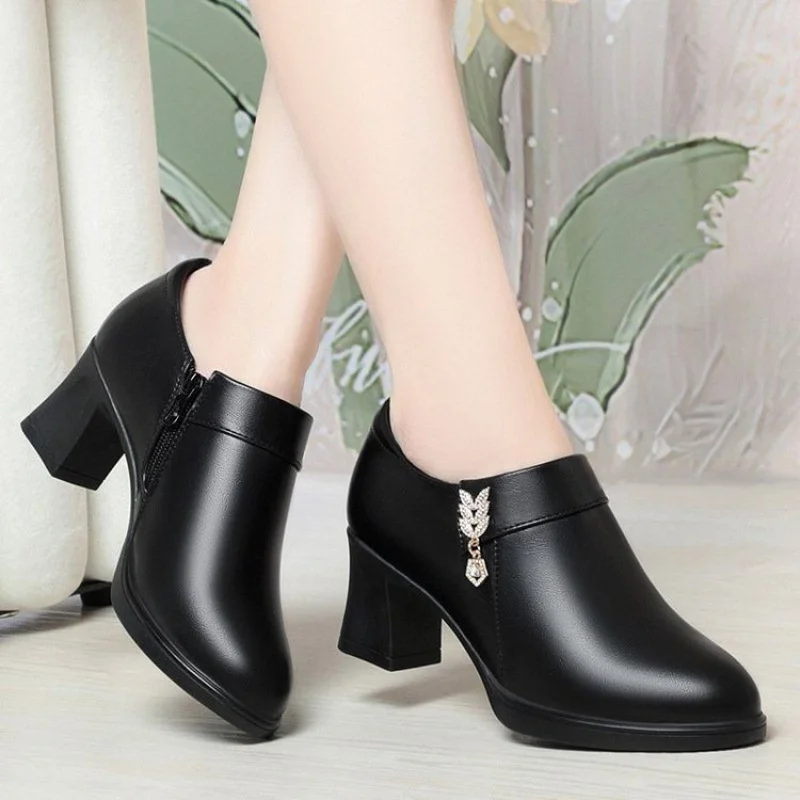 Women's Chunky Heel Soft Leather Shoes - Zipper Closure, Shallow Mouth Pointed-Toe with Rhinestones, Fashionable Low-Cut Pumps