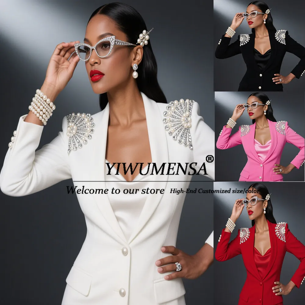 

Elegant Pearls Beaded Mother Of Bride Dresses Customized 2 Buttons Jacket Pants Women Suits Slim Fit Ladies Evening Party Gowns