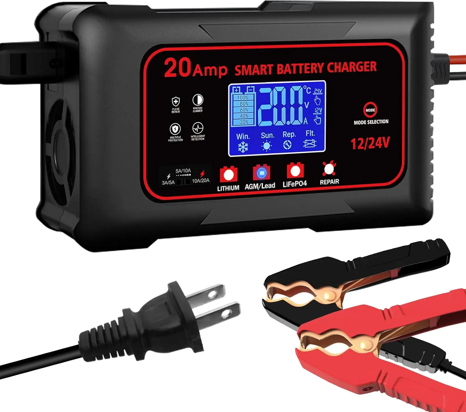 

20A Smart Battery Charger for 12V/24V LiFePo4 Lead-Acid, Portable Car Motorcycle Boat Truck Maintainer