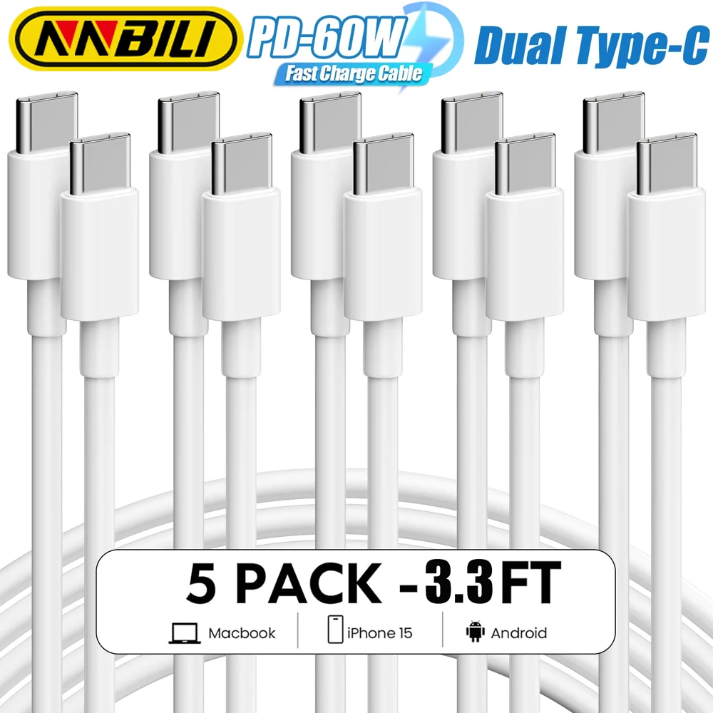 NNBLI 5Pack 3.3FT 60W/3A USB C to Type C Cable Fast Charging Cord for iPhone 15 series MacBook Pro iPad Samsung Xiaomi Data Line