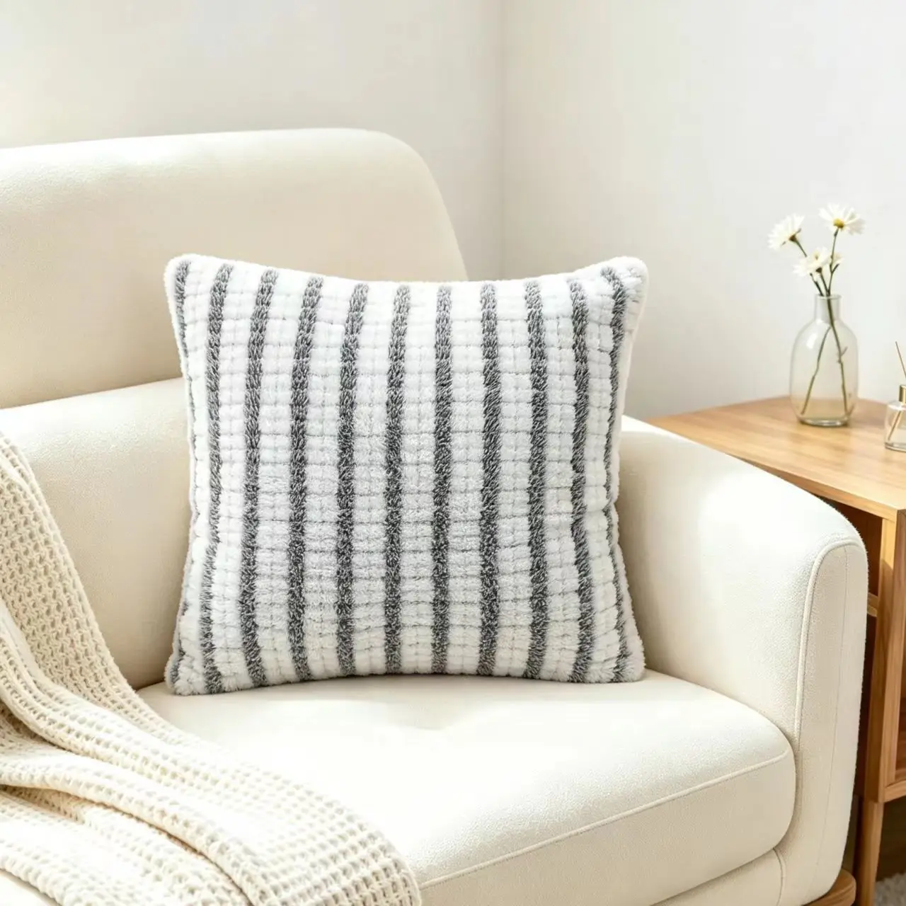 1Pc Striped Grid Plush Pillow Cover Soft Textured Cushion Cover Invisible Zipper Sofa Bedroom Home Decor Without Pillow Insert