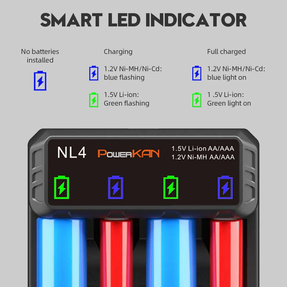 POWERKAN-NL4 Carregador de Bateria, Esportes Independentes, 1.2V, Ni-MH, Ni-Cd, 1.5V, Li-ion, AA, Carregamento da Bateria AAA, 4 Slots