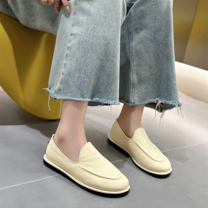 Loafers Women 2024 New Spring One Foot Slip-on Round Toe Shoes Women Genuine Leather Soft Flats Shoes Women