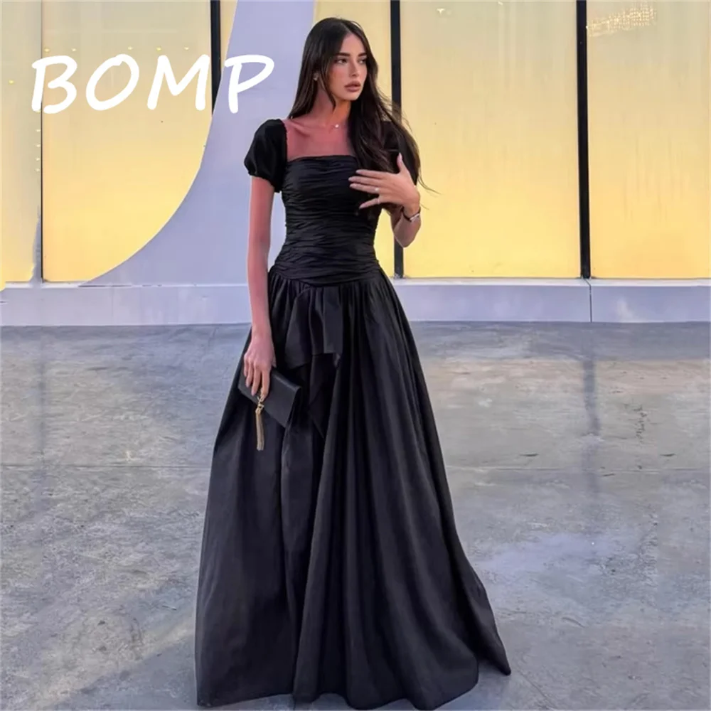 BOMP Black Elegant Black Prom Dresses A Line Vestidos Short Puff Sleeves Formal Gowns فساتين سهرات Customized