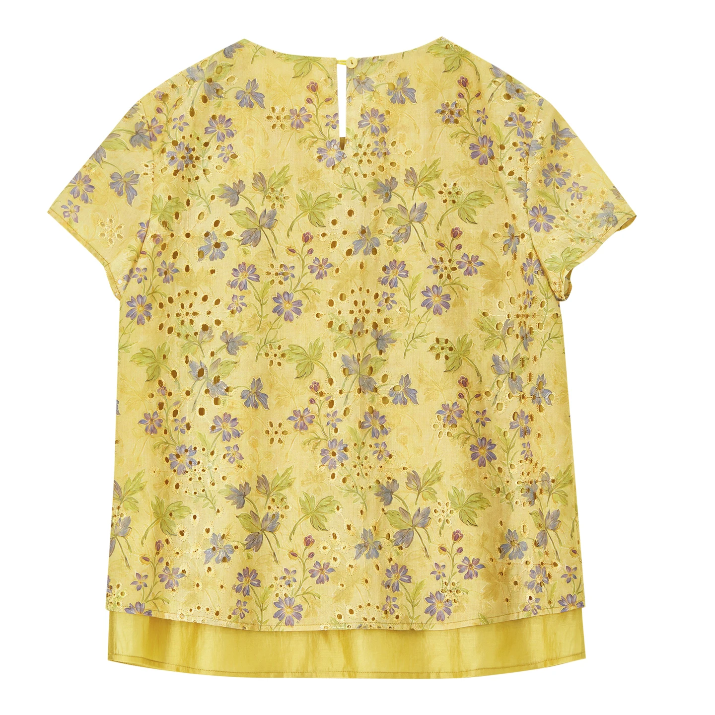 SENTUBILA Women's Yellow Retro Gesang Flower T-Shirt 2026 Summer Round Neck Printed Hollow Texture Loose Top 162TE7456