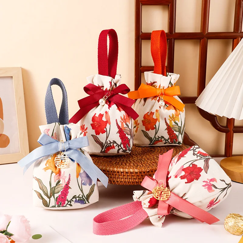 Wedding Candy Bag Portable Drawstring Party Gift Goodie Candy Packing Pouch Creative Floral Handheld Canvas Gifts Storage Boxes