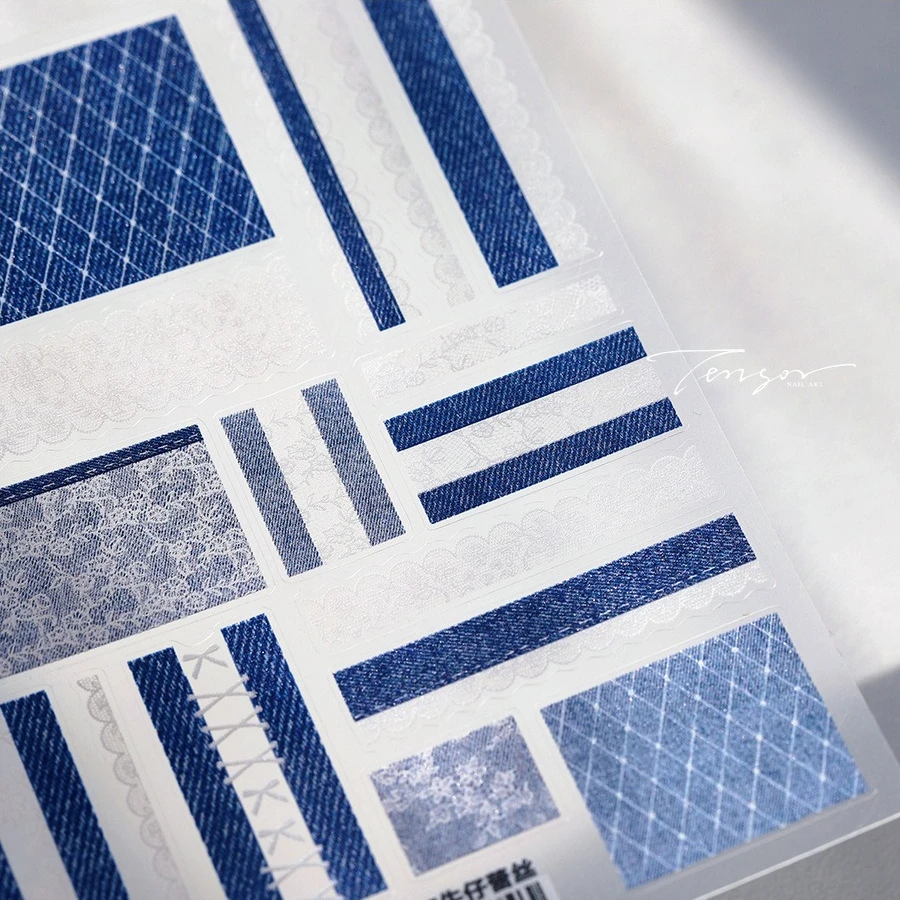 Blue Denim Fabric White Floral Lace Striped Pattern 3D Self Adhesive Nail Art Stickers Jeans Cowboy Manicure Decals Wholesale