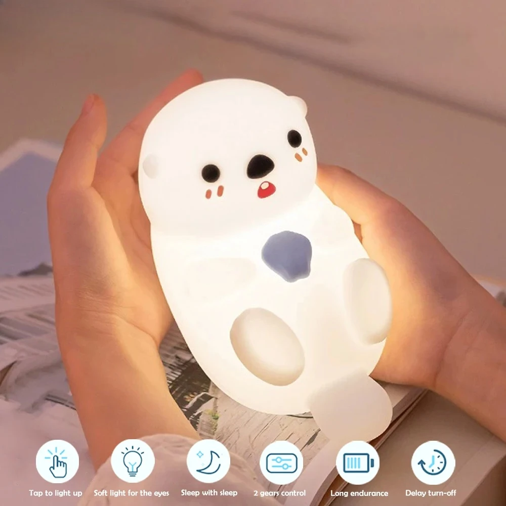 Cute Sea Otter Silicone Night Light Rechargeable LED Bedside Lamp with Touch Sensor 2 Modes Dimmable Brightness For Room Decor