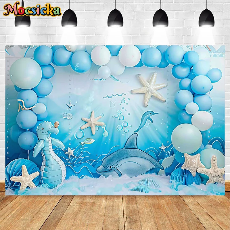 Mocsicka-Arrière-plan de photographie sur le thème de l'océan bleu, décor de ballon DolDave, gâteau Smash, baby shower, toile de fond de portrait d'enfants, studio photo