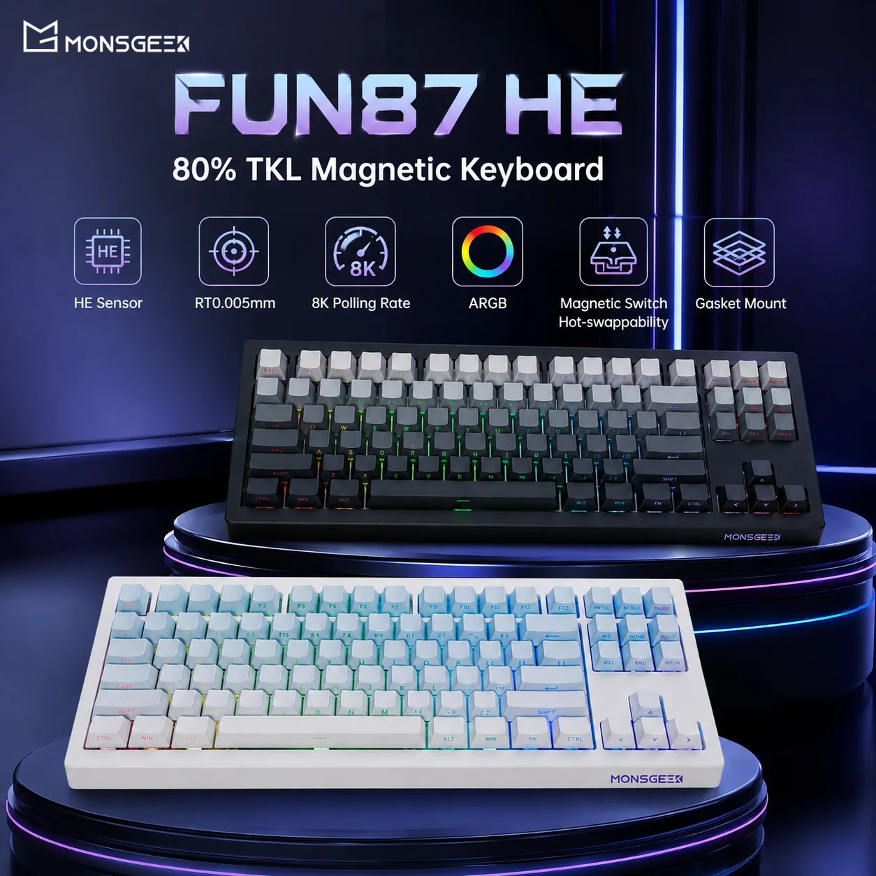 Monsgeek Magnetic Keyboard FUN87 HE 88 Keys 80% TKL Layout ARGB RT0.005mm 8K USB Type-C Wired Custom Gaming Mechanical Keyboard