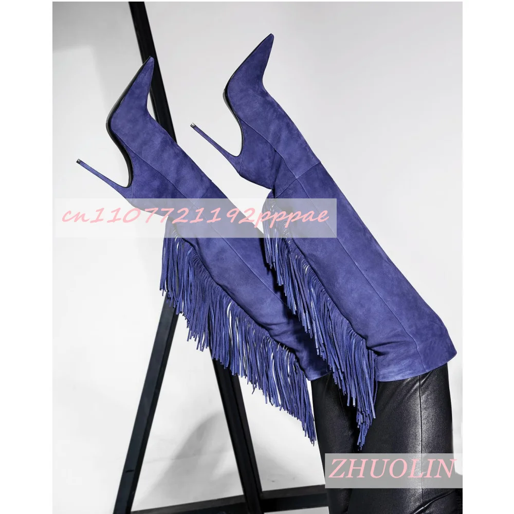 Women'S Blue Suede Tassel Knee-High Boots Pointed Toe Stiletto Heels Winter Fashion Party Dress T-Stage Tee High Heels Big Size