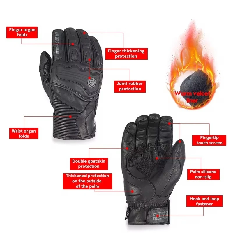 Motorcycle Gloves Winter Velvet Thermal Windproof Warm Real Goat Leather Non-slip Wear-resistant Riding Protection Equipment