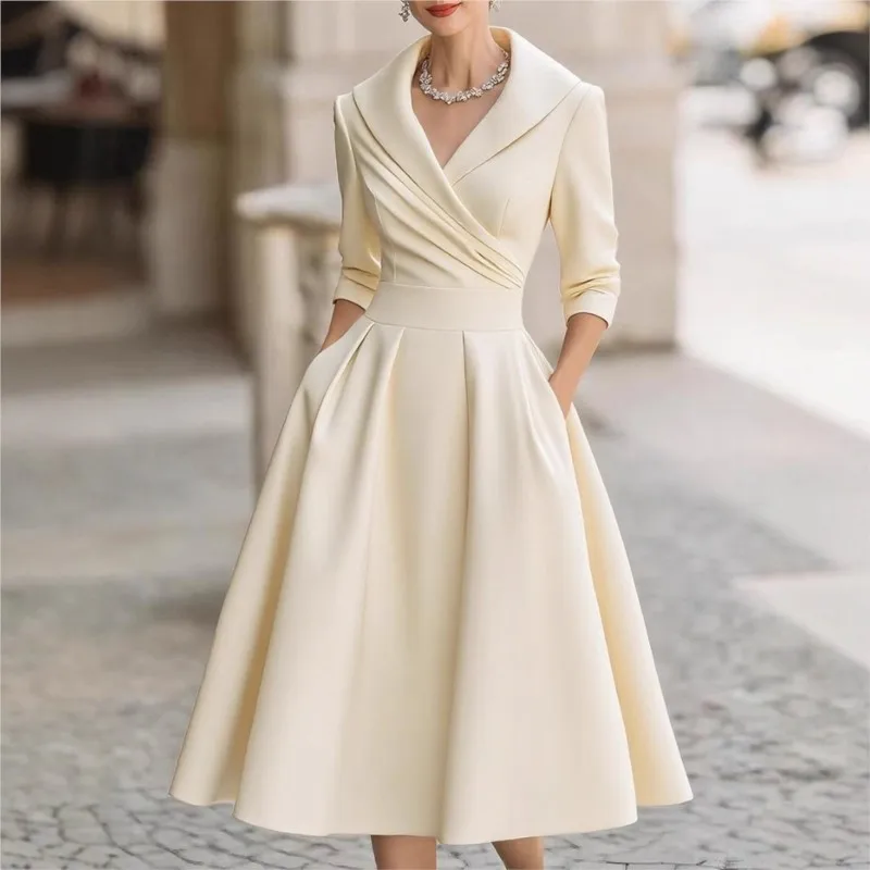 Fashion Temperament 2025 Women's Dress V-neck Long Sleeve Turn-down Collar Maxi Dresses Slim Waist Office Lady Wedding Vestidos