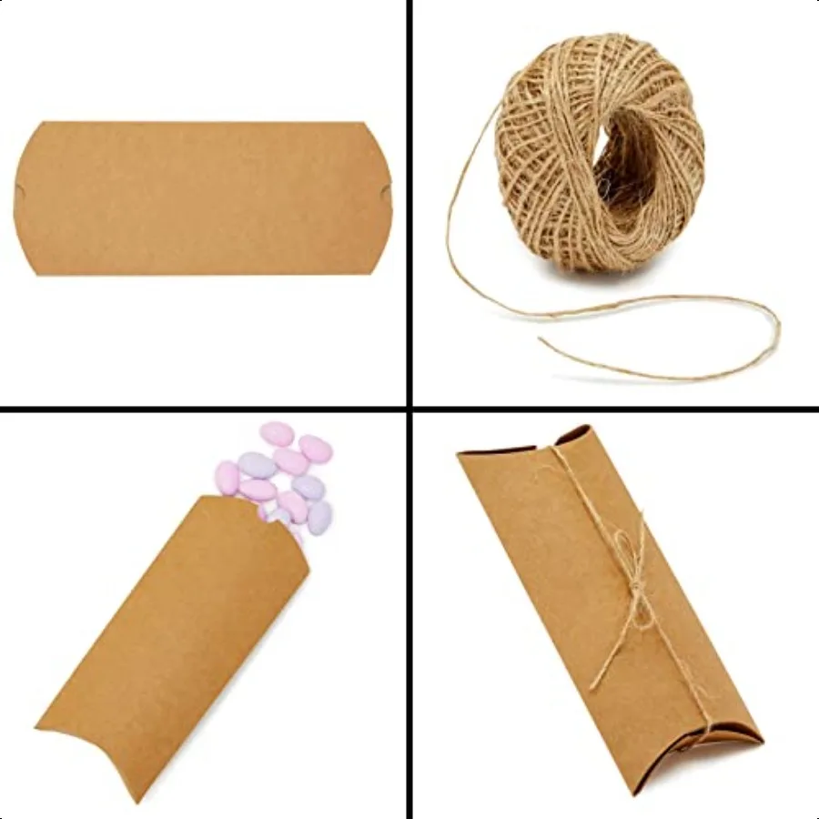 Pudełka na prezenty z papieru, etui na karty podarunkowe, 100 sztuk, brązowy papier, 19 x 9,4 x 3 cm, kartonowe woreczki z jutowym sznurkiem