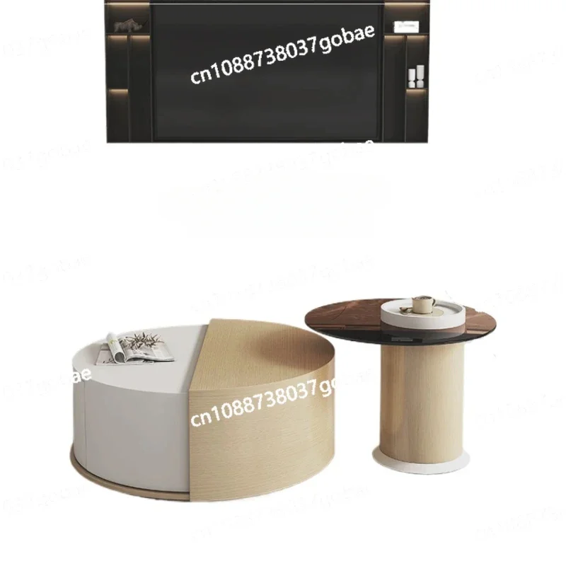 ZK log cream wind retractable TV cabinet living room size round coffee table combination can be rotated home accessories