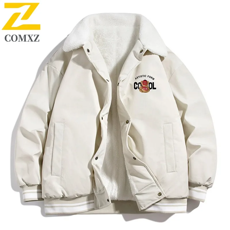 COMXZ Men Fleece Lined Jacket Winter Autumn Korean Style Waterproof  Windproof Hooded Outdoor Sports Casual Solid Color Coat