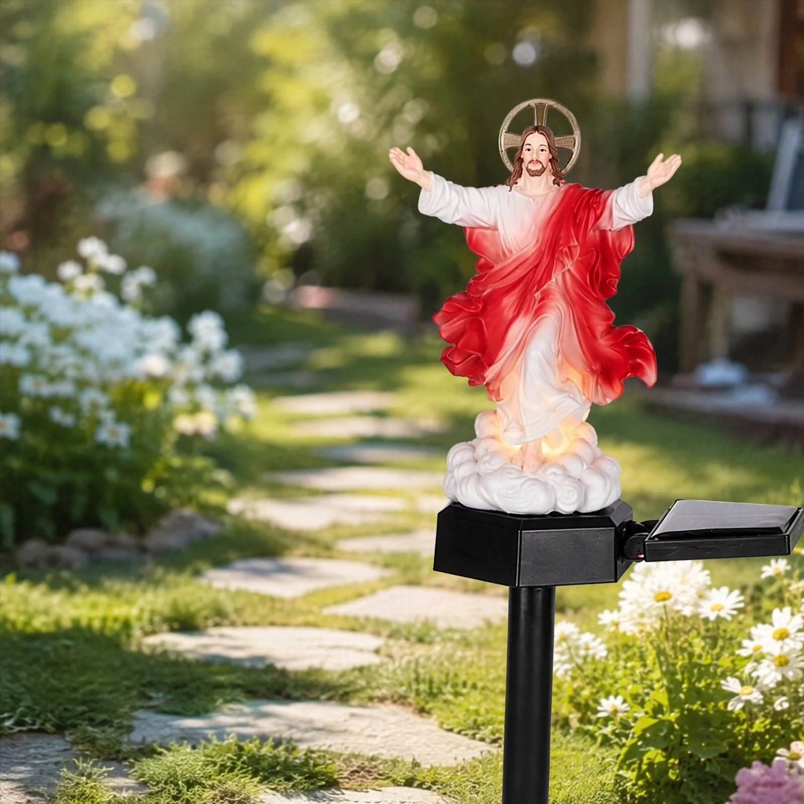 Solar-Powered Lighted Jesus Figurine with Glowing Night Lamp & Versatile Blessed Sculpture for Garden Patio Lawn Decoration view 3