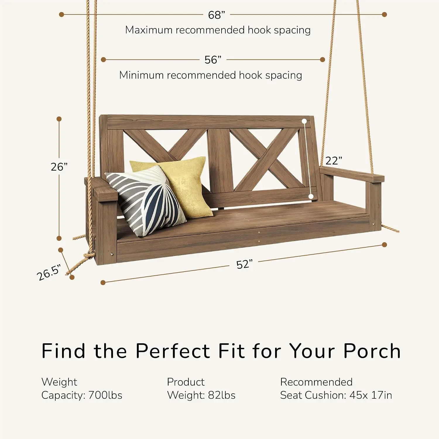 Heavy Duty 700Lb Farmhouse Porch Swing W/Ropes 4Ft Walnut, Customized
