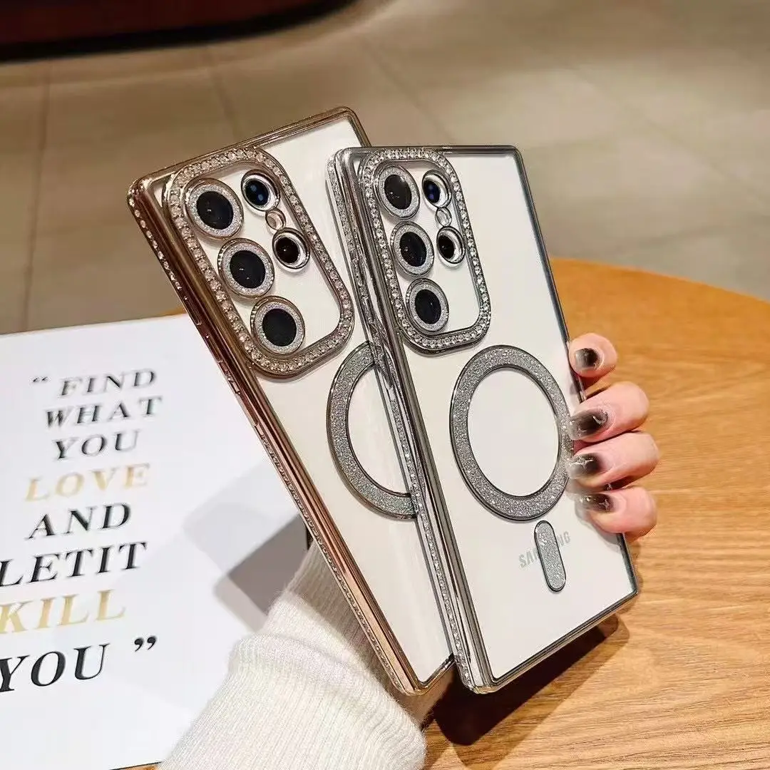 For Samsung S25 S24 S23 S22 Uitra Transparent Magnetic Phone Case Electroplating TPU Rhinestone A55 A56 A35 5G Protective Cover