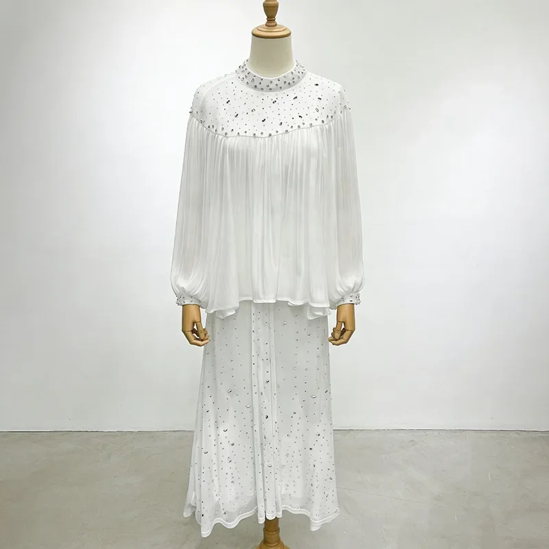 

Luxurious Brown Pleated Blouse And Glimmering Diamond Maxi Dress 2 Piece Set Elegant Evening Party Wedding Guest Outfit Gowns