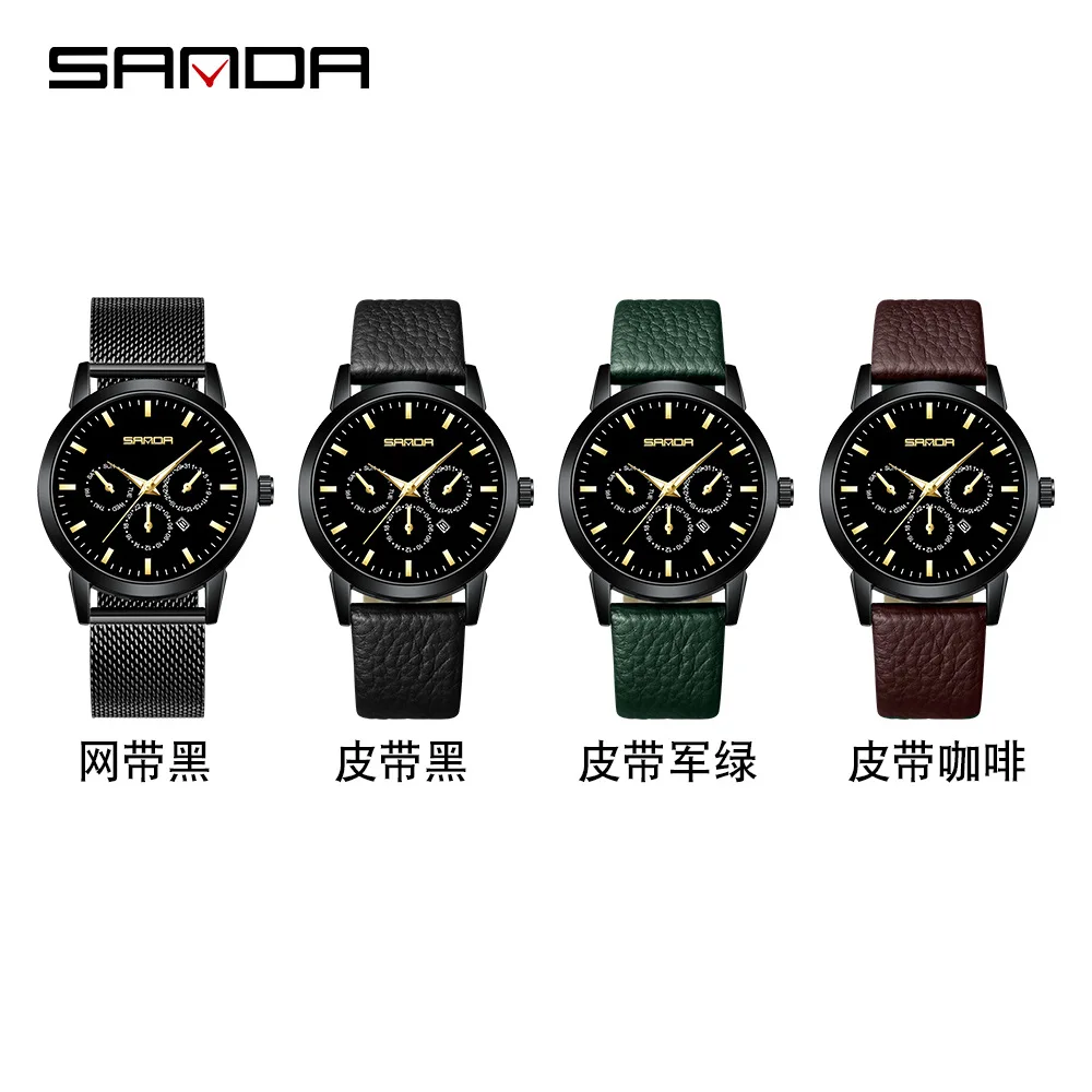ساعة Sanda للرجال بثلاث عيون وستة أيدي كوارتز ساعة يد بسيطة بتقويم شبكي وحزام مقاوم للماء للزوجين