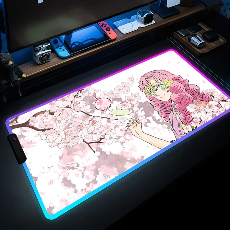 

Коврик для мыши RGB со светодиодной подсветкой Gamer Pink Sakura, настольный коврик для ПК, компьютера, аниме Demon Slayer, коврик для мыши Kanroji Mitsuri Kawaii Girl, коврик для клавиатуры