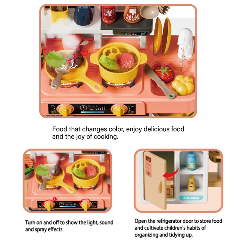 52 pçs spray cozinha cozinhar brinquedo conjunto com mudança de cor alimentos efeitos sonoros realistas fingir jogar brinquedos acessórios de cozinha presente