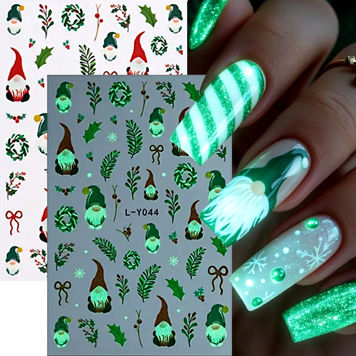 Luminous Christmas Nail Art Stickers, Glowing Christmas Lights Snowflakes Christmas Tree Santa Claus Leaves Design
