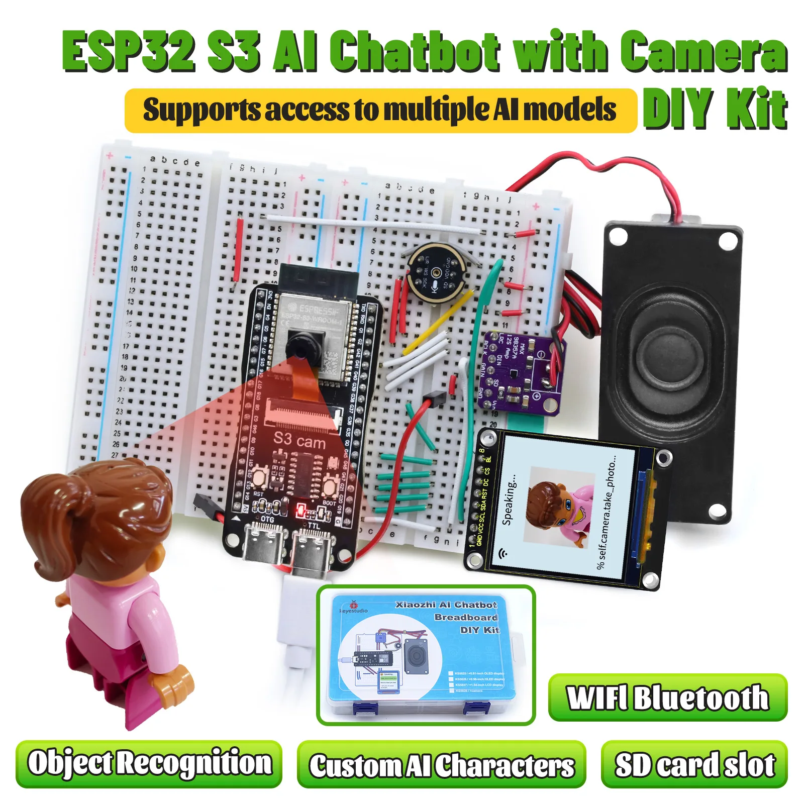 Keyestudio 1.54 inch Xiao Zhi AI Chatbot Breadboard DIY Kit For ESP32 S3 With Camera DIY Emotional Communication Learning Kit