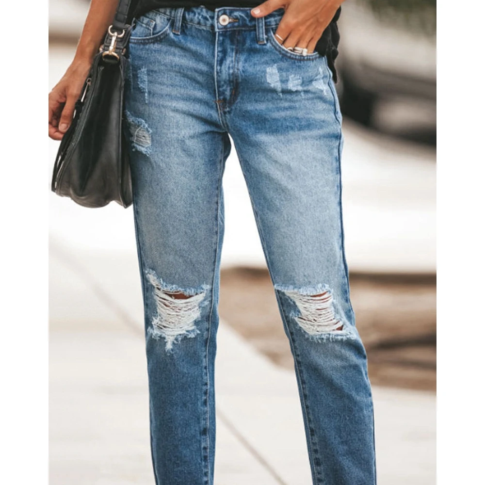 Women's Vintage Washed Ripped Skinny Jeans Bleached Denim Pants