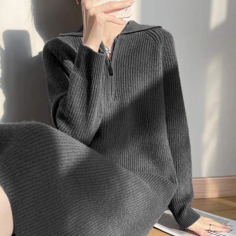 

Модное платье средней длины из 100% мериносовой шерсти с полумолнией, кашемировое женское платье с длинными рукавами, простая, мягкая, удобная для отдыха