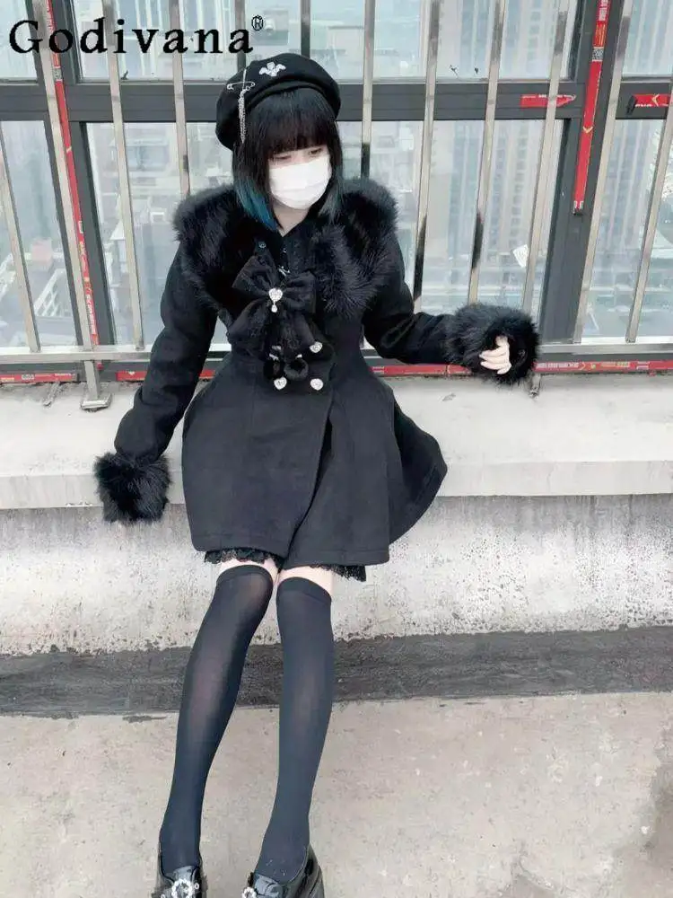 

Autumn Winter New Thickened Warm Fur Collar Woolen Coat Japanese Original Lolita Sweet Cute Girl Bowknot Jacket