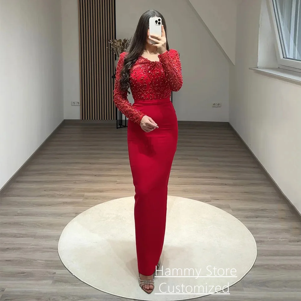 Arabic Olive Green Prom Dress Customized Long Sleeves V Neck Beading Pearls Mermaid Evening Gown Formal Dubai Party Dresses