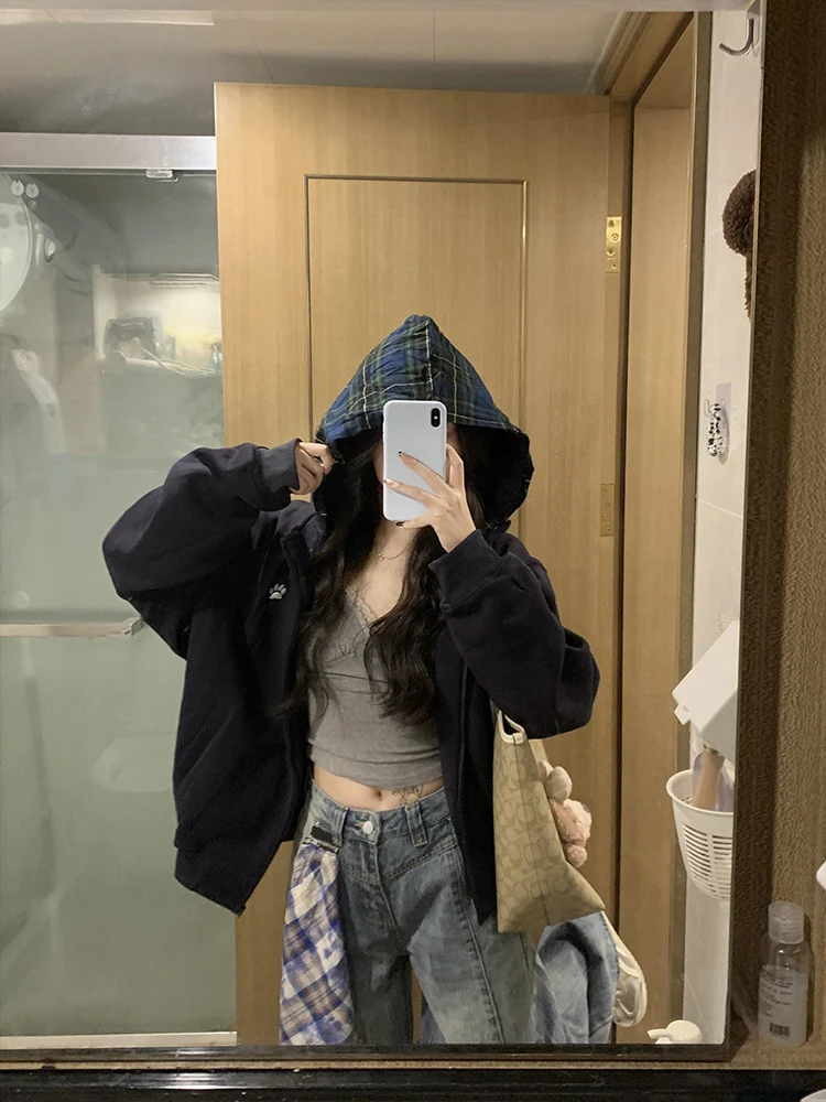 레트로 아메리칸 체크 스플라이스 후디 여성 캐주얼 올매치 지퍼 코트 가을 신상 고급스러운 느낌의 편안한 스웨트셔츠