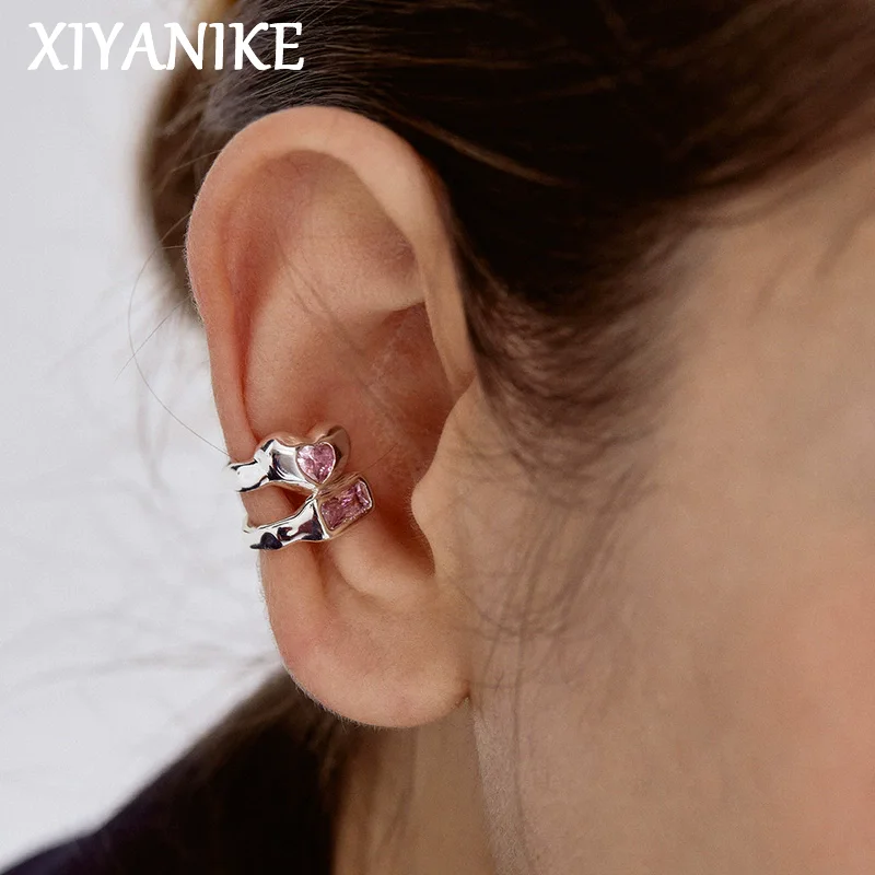 

XIYANIKE Korean Pink Love Heart Zircon No Hole Ear Bone Clip Earrings For Women Fashion New Jewelry Party Gift серьги