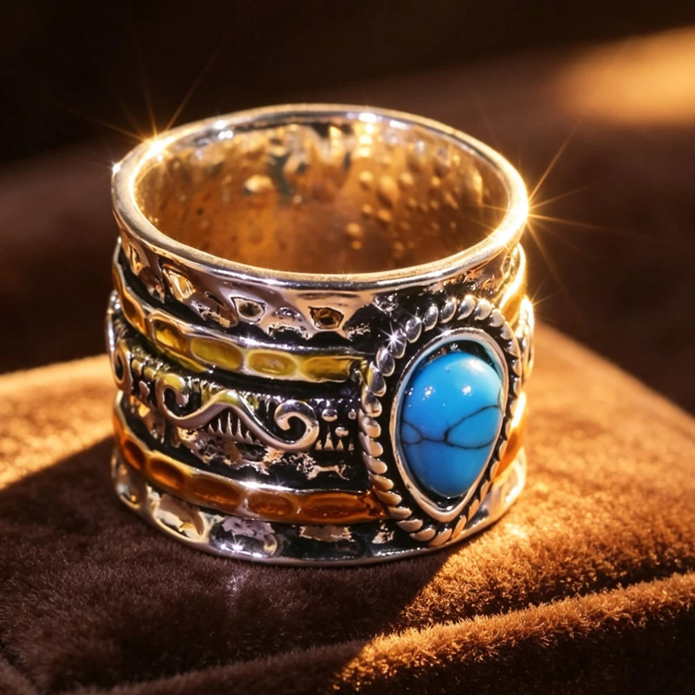1 Pair of men's and women's identical retro color-matched turquoise wide rings. Waterdrop ethnic-style relief pattern finger ring. A fashionable and casual bohemian travel accessory for both men and women to wear together.