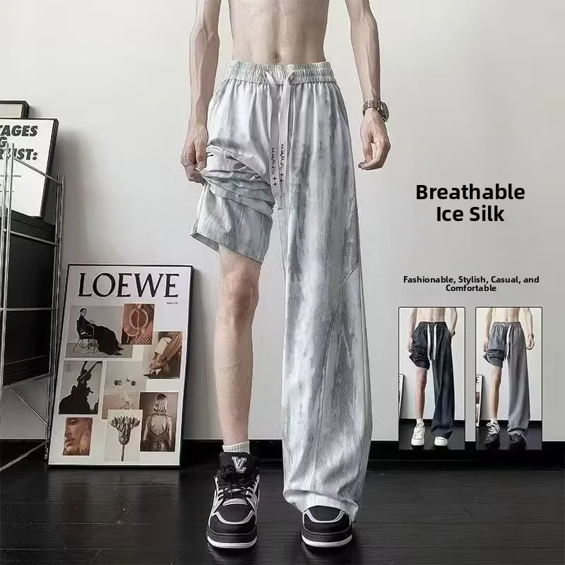 

Летние тонкие американские окрашенные повседневные брюки из ледяного шелка, мужские свободные дышащие прямые брюки, модные крутые широкие брюки для отдыха